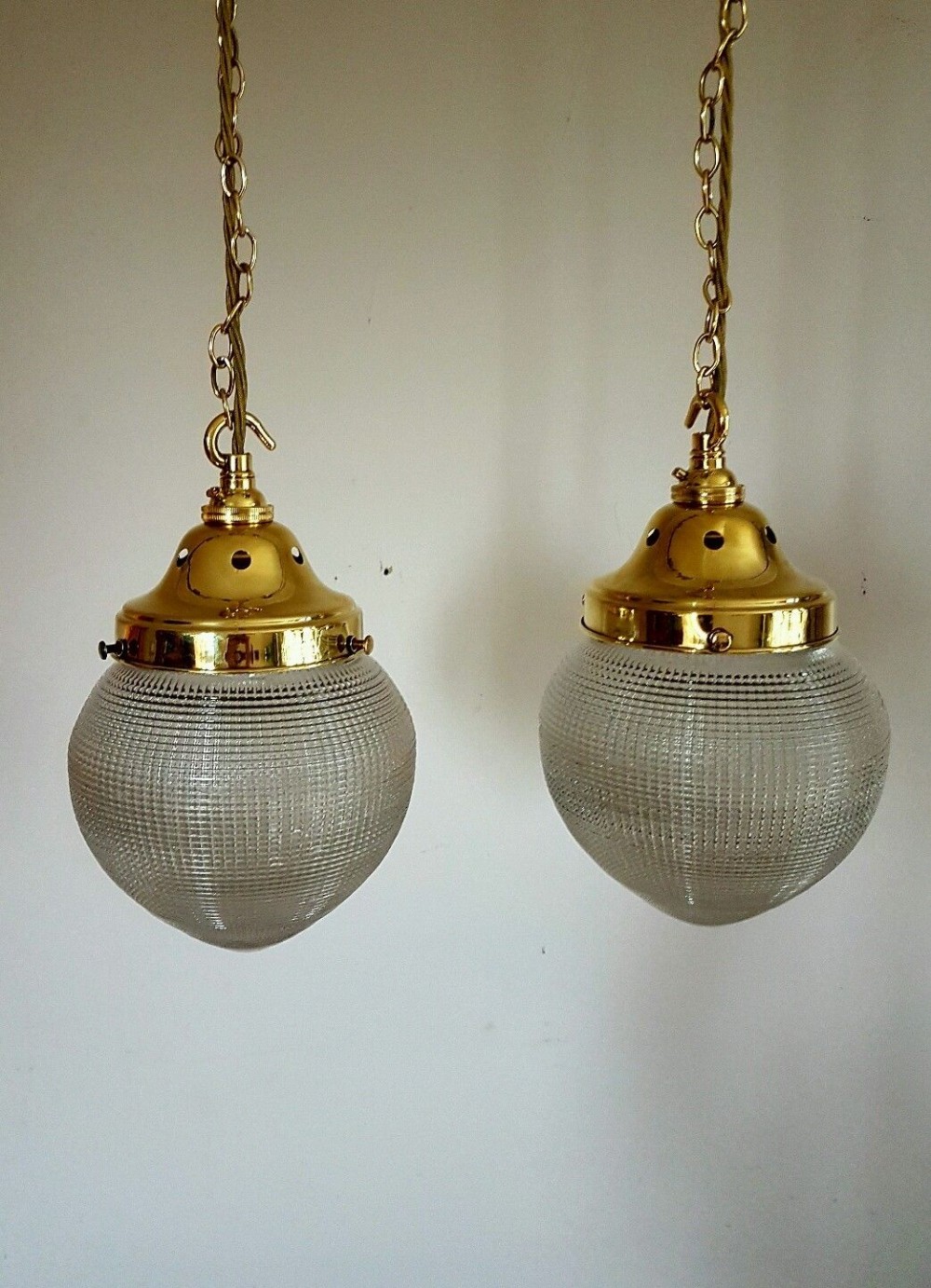 Pair c1900 Globe Holophane Prism Ceiling Lights