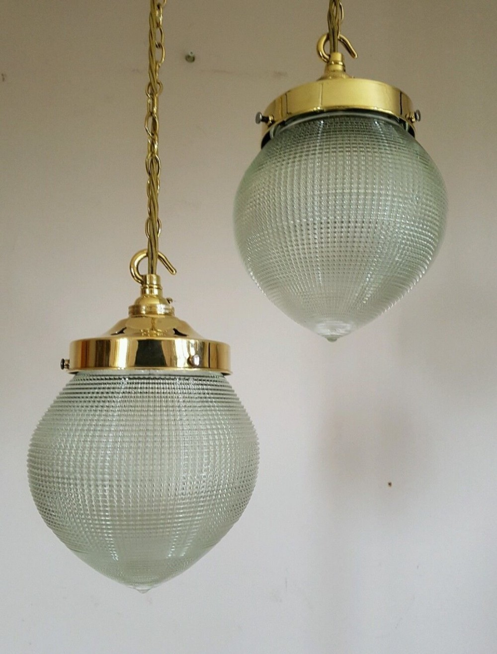 Pair c1900 Globe Holophane Prism Ceiling Lights 