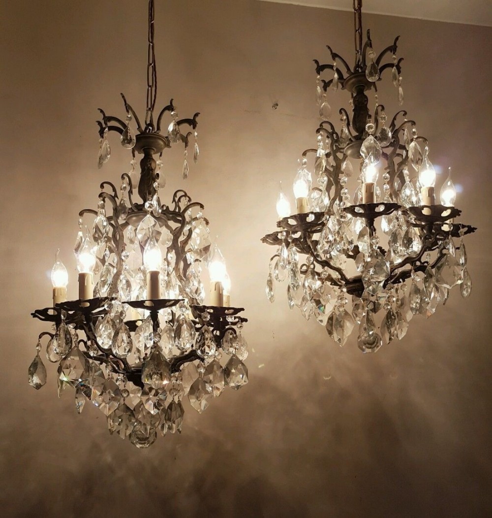 Pair French c1910 8 Arm Gilt Brass Crystal Chandeliers