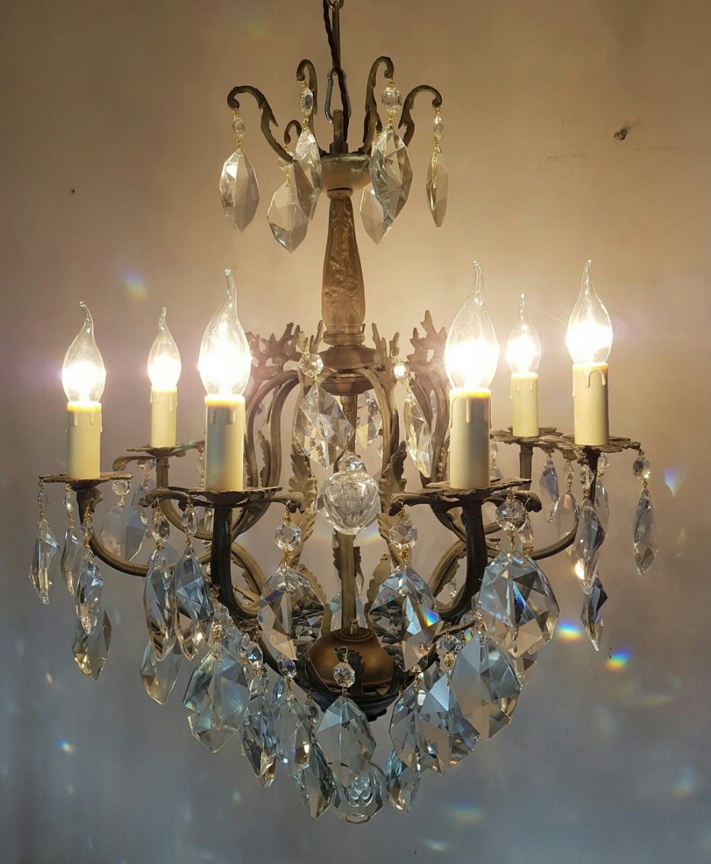 French c1910 Birdcage 7 Arm Gilt Brass Crystal Chandelier