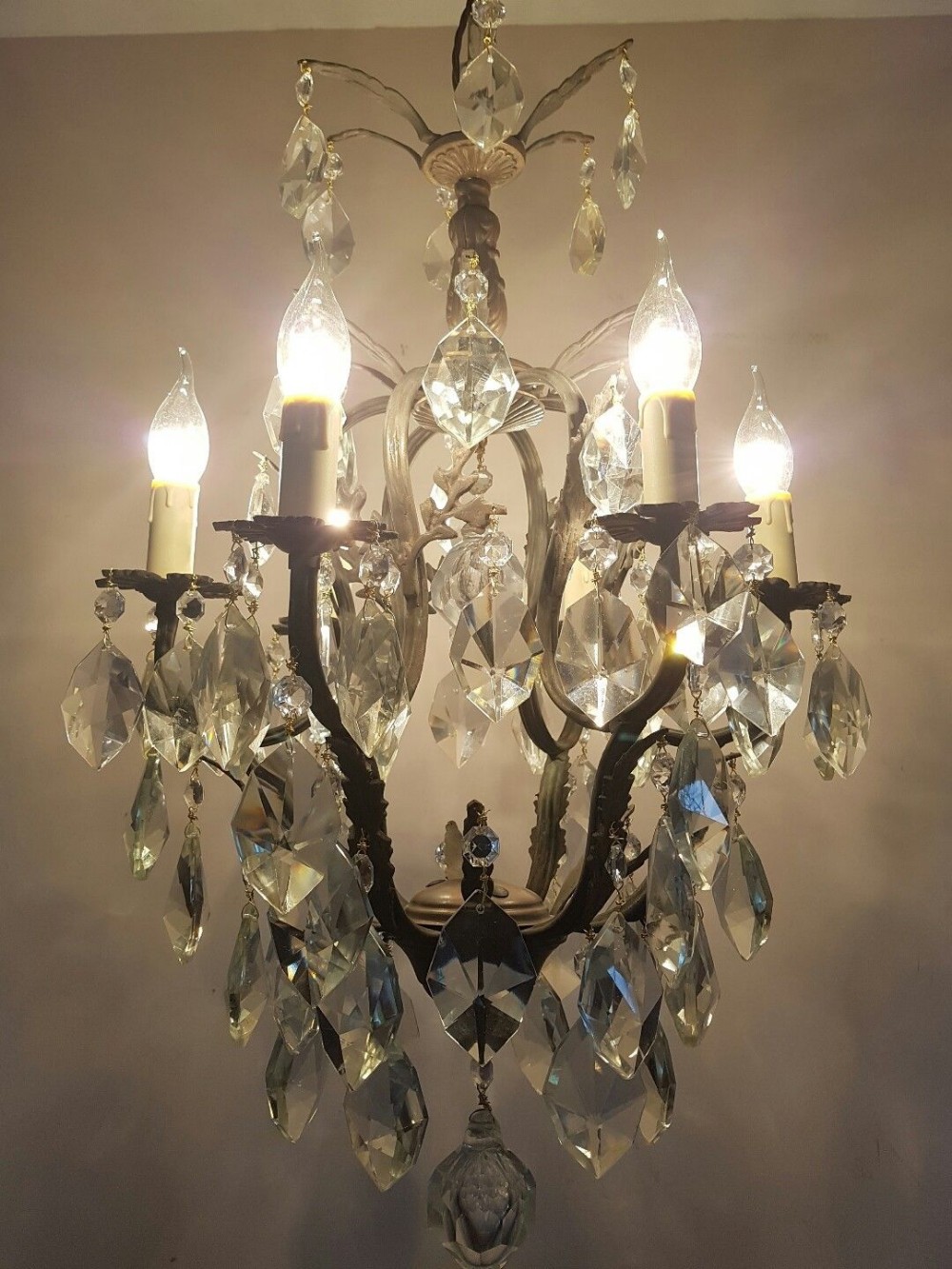 French c1910 Birdcage 6 Arm Gilt Brass Crystal Chandelier