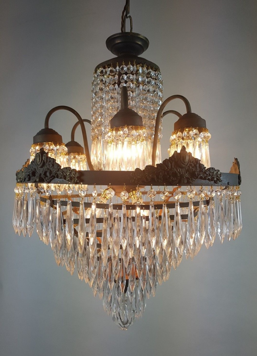 c1910 Waterfall Gilt Brass Chandelier with 6 Arms