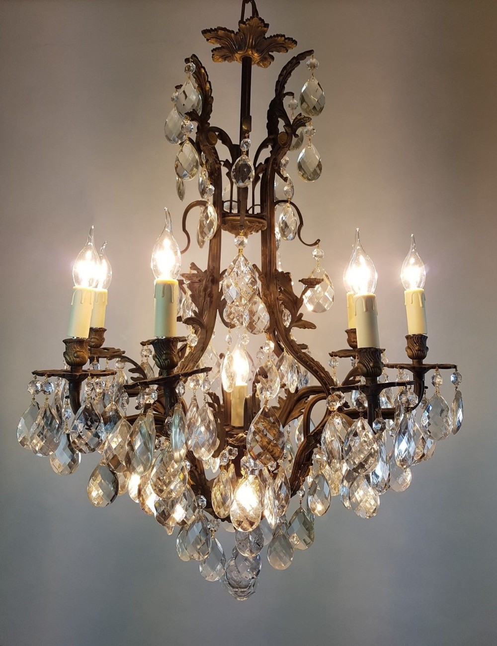 French c1910 8 Arm Gilt Brass Crystal Birdcage Chandelier with downlights