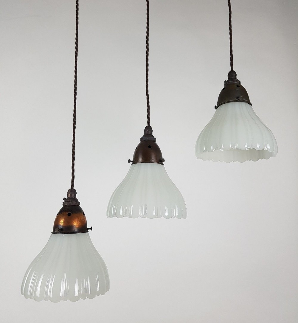 Set of 3 Milk Glass Holophane Ceiling Lights with Original Distressed Galleries