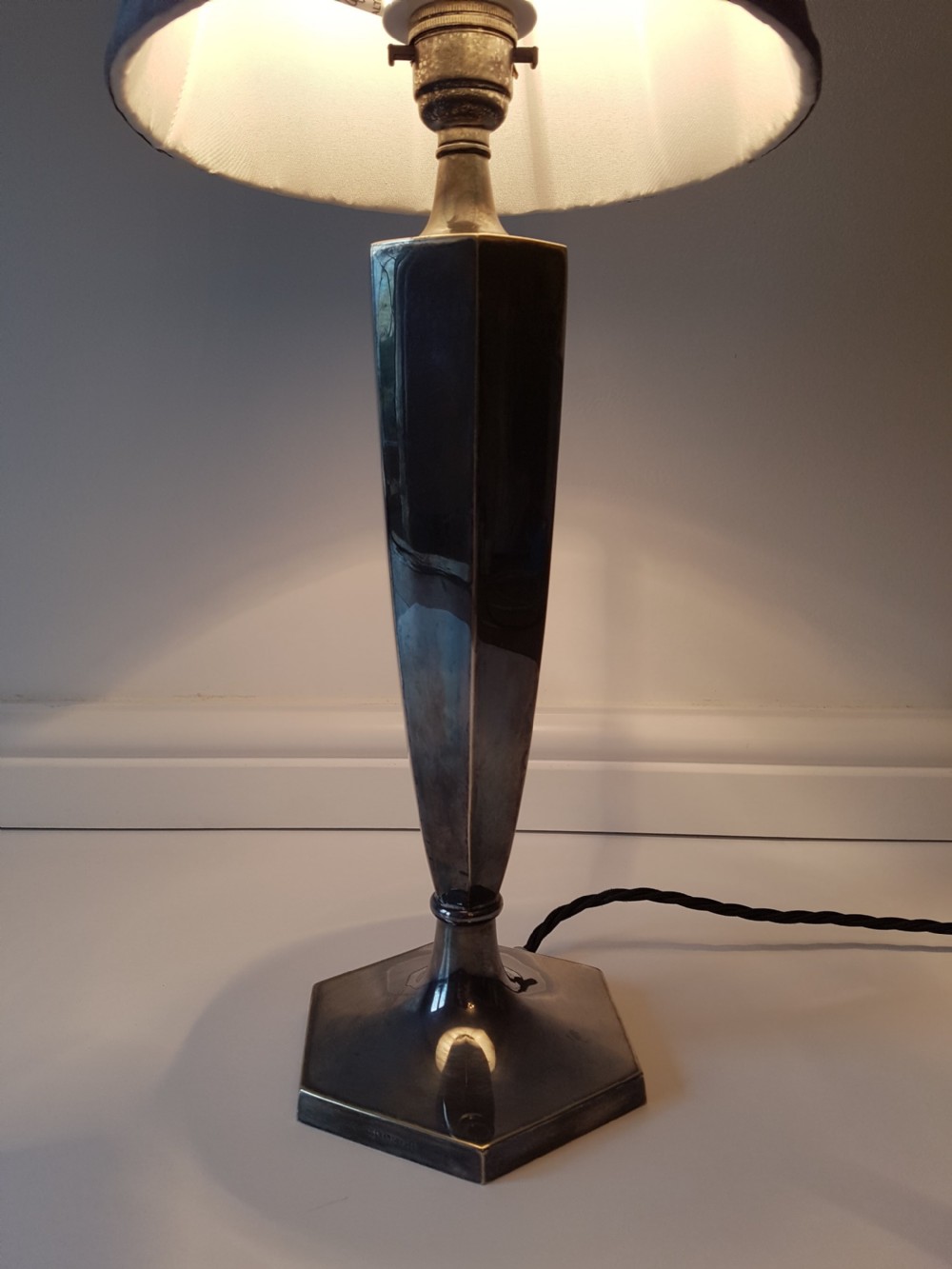 Distressed Silver Plated Charles Hawksworth & John Eyre Table Lamp; PAT Tested View III