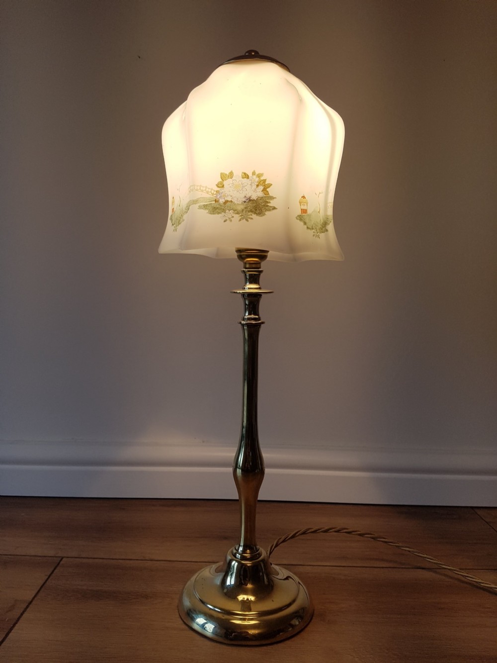 c1920 Cast Brass Table Lamp with Decorated Ceramic Shade; PAT Tested.