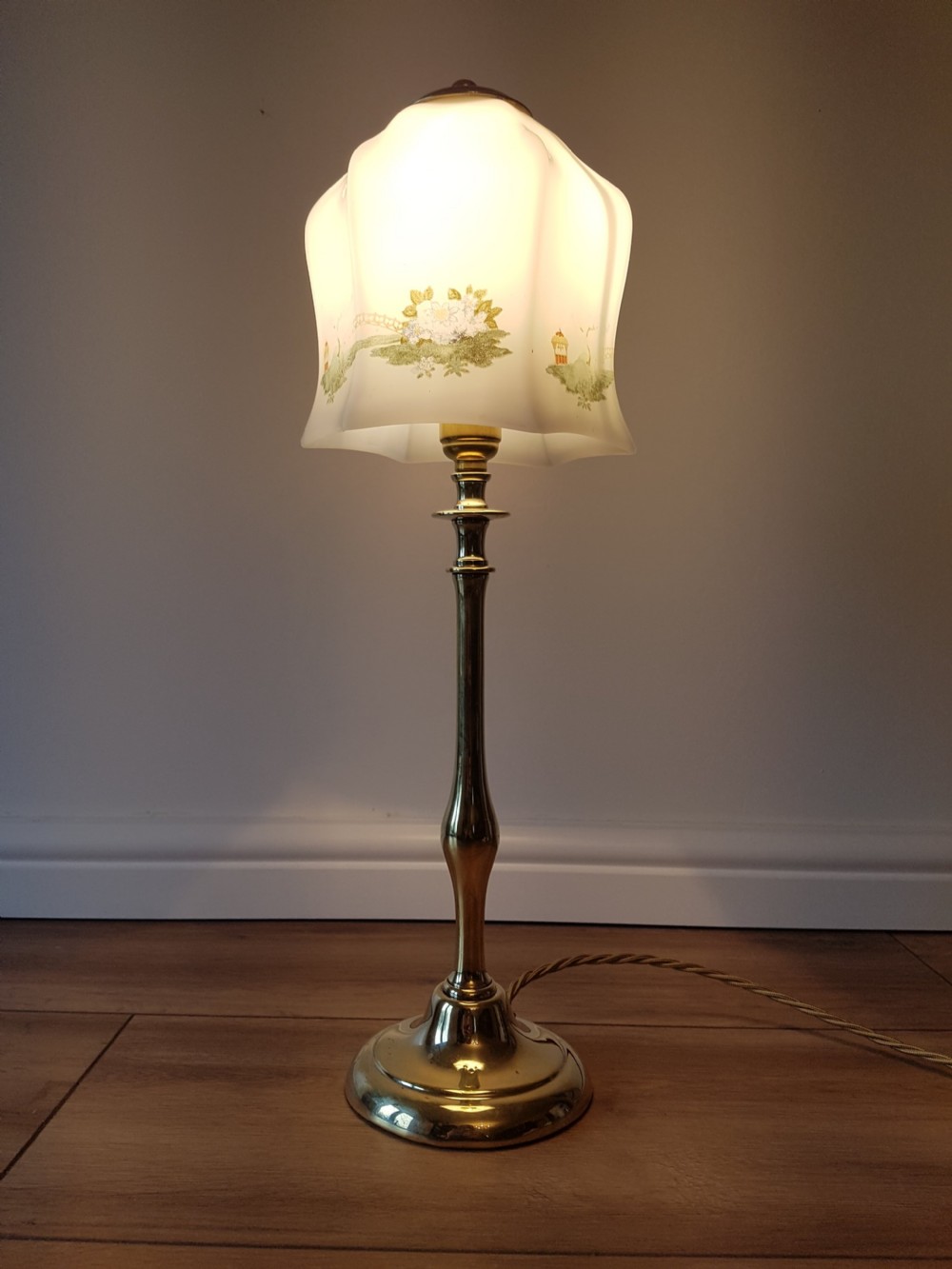 c1920 Cast Brass Table Lamp with Decorated Ceramic Shade; PAT Tested. View II