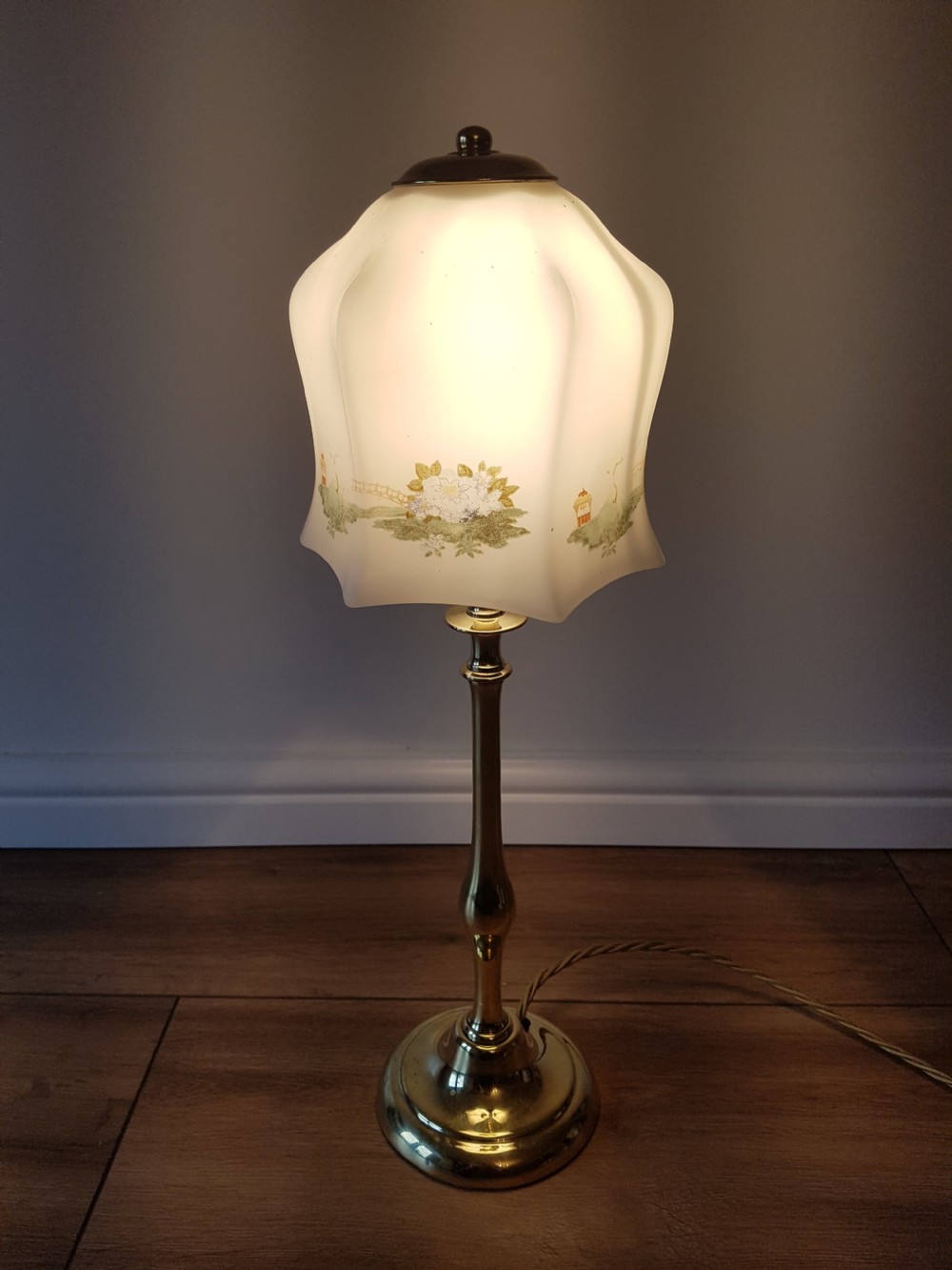 c1920 Cast Brass Table Lamp with Decorated Ceramic Shade; PAT Tested. View III