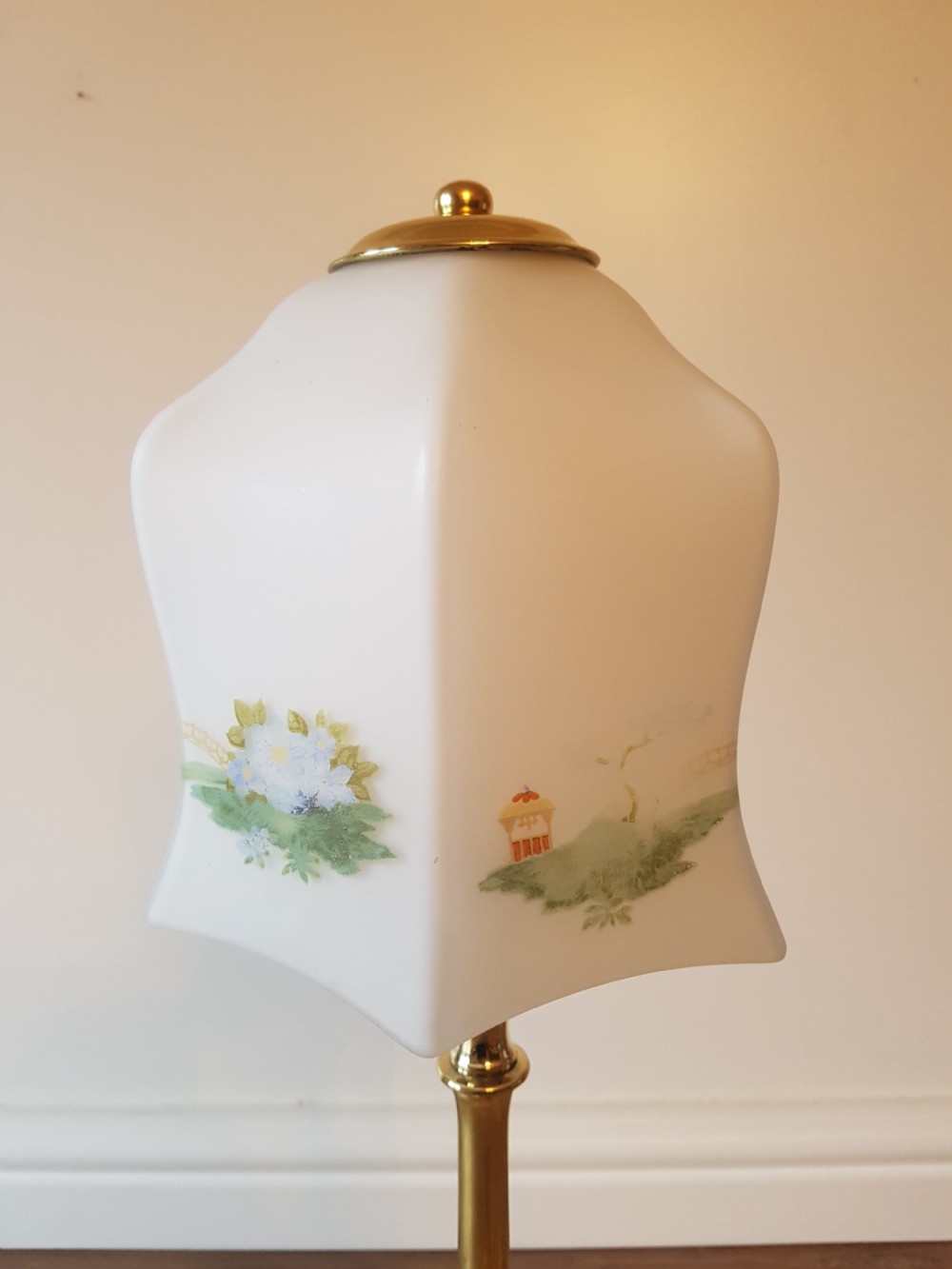 c1920 Cast Brass Table Lamp with Decorated Ceramic Shade; PAT Tested. View V