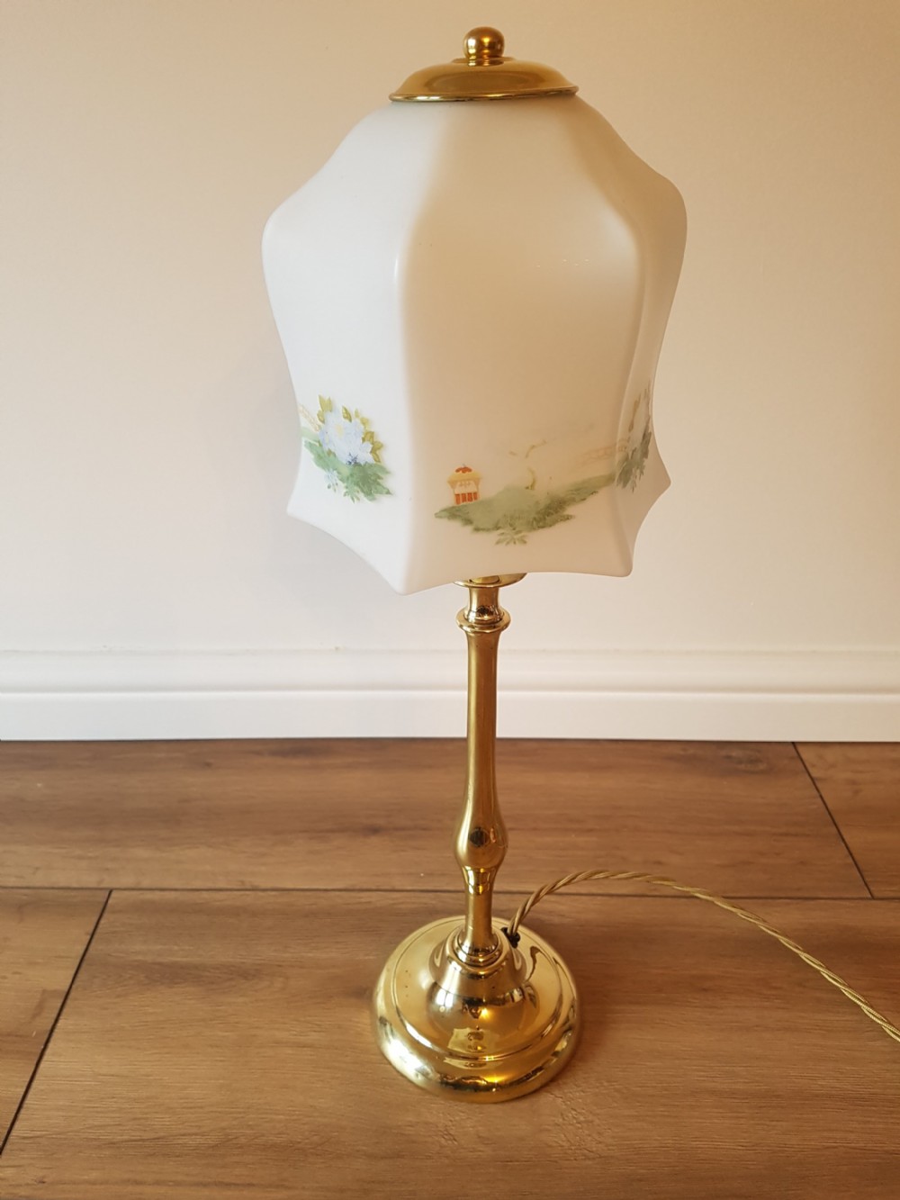c1920 Cast Brass Table Lamp with Decorated Ceramic Shade; PAT Tested. View VI