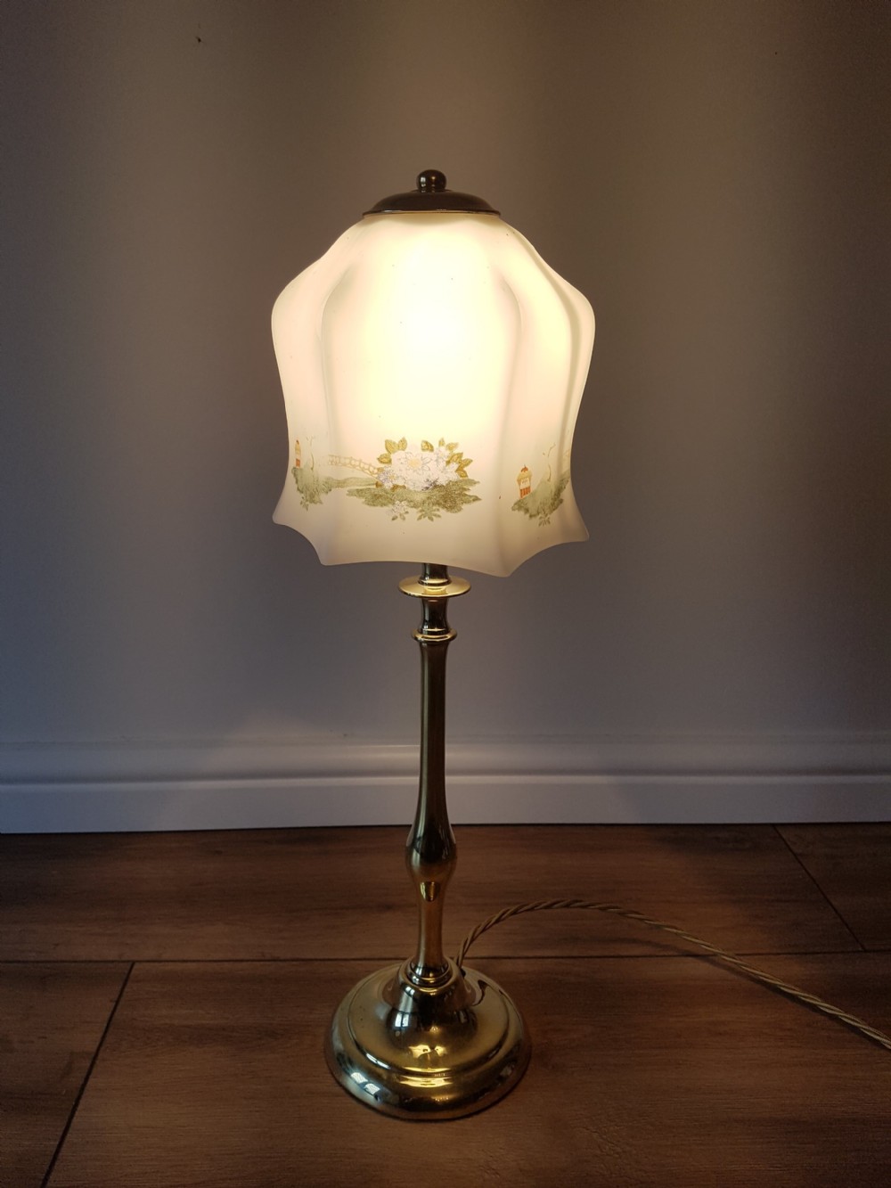 c1920 Cast Brass Table Lamp with Decorated Ceramic Shade; PAT Tested. View VII