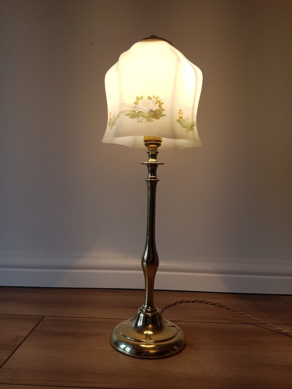 c1920 Cast Brass Table Lamp with Decorated Ceramic Shade; PAT Tested. View VIII