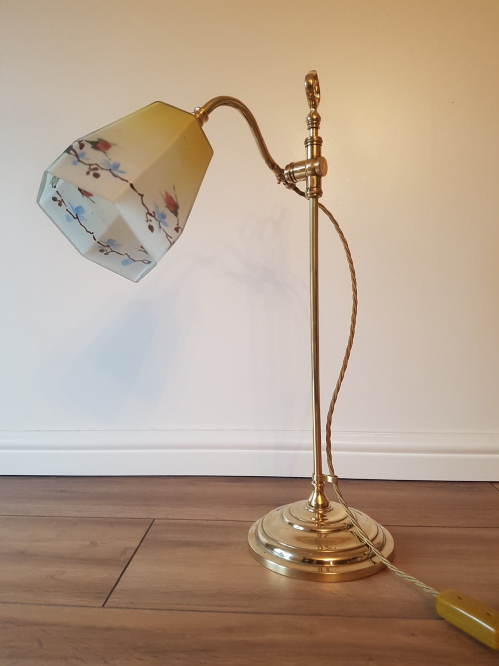 c1920 Rise & Fall Adjustable Table Desk Lamp with Reverse Painted Ceramic Shade; PAT Tested