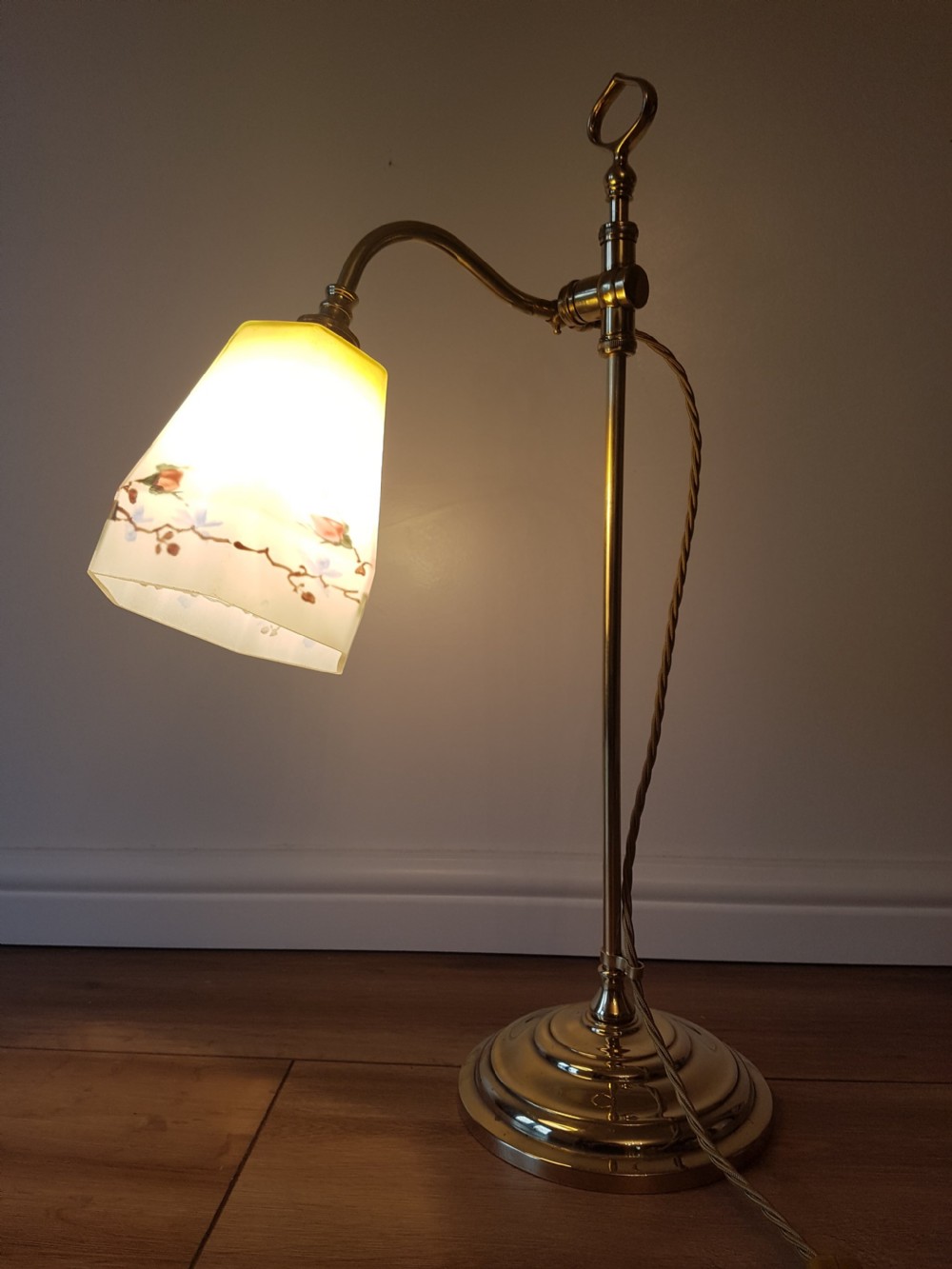 c1920 Rise & Fall Adjustable Table Desk Lamp with Reverse Painted Ceramic Shade; PAT Tested View V