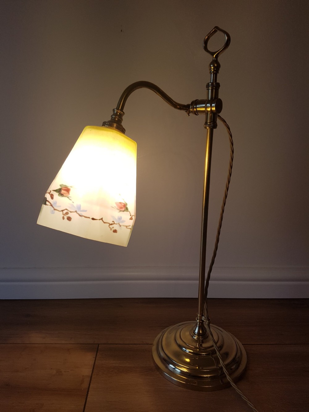 c1920 Rise & Fall Adjustable Table Desk Lamp with Reverse Painted Ceramic Shade; PAT Tested View VI