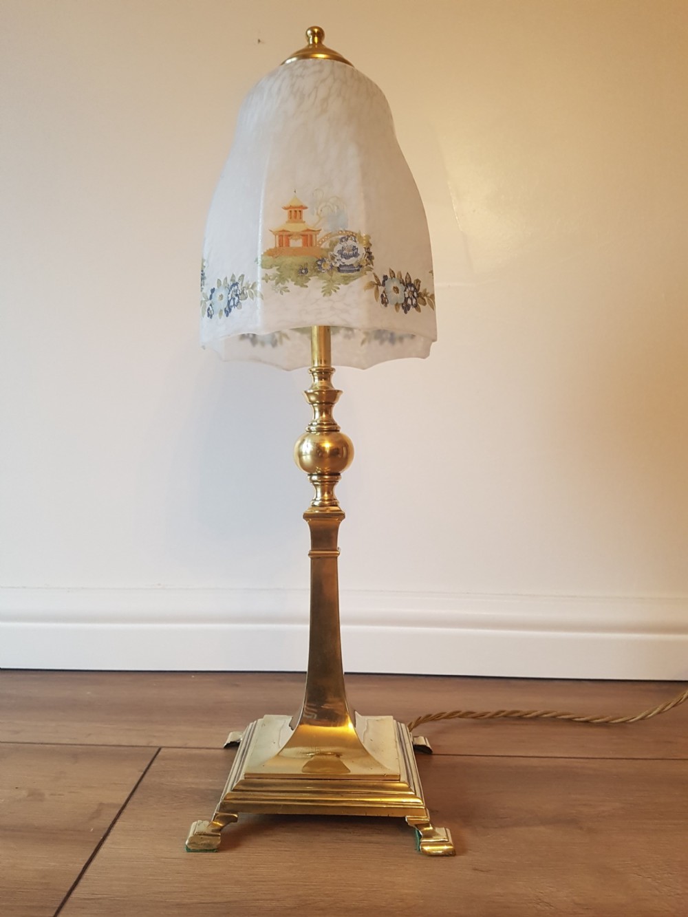 c1920 Classical Brass Base Table Lamp with Decorated Chinese Ceramic Shade; PAT Tested