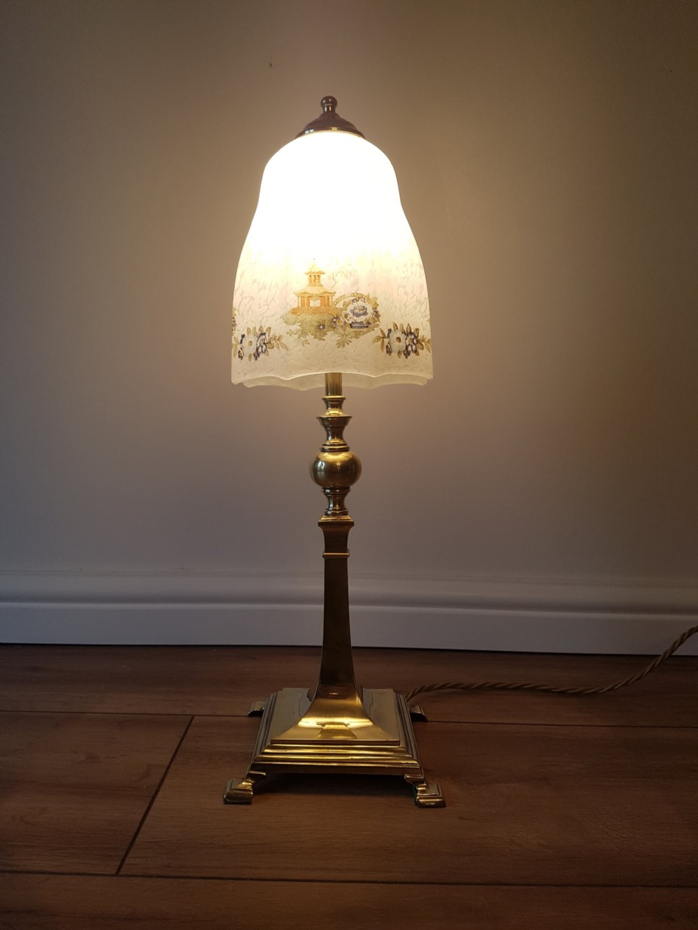 c1920 Classical Brass Base Table Lamp with Decorated Chinese Ceramic Shade; PAT Tested View II