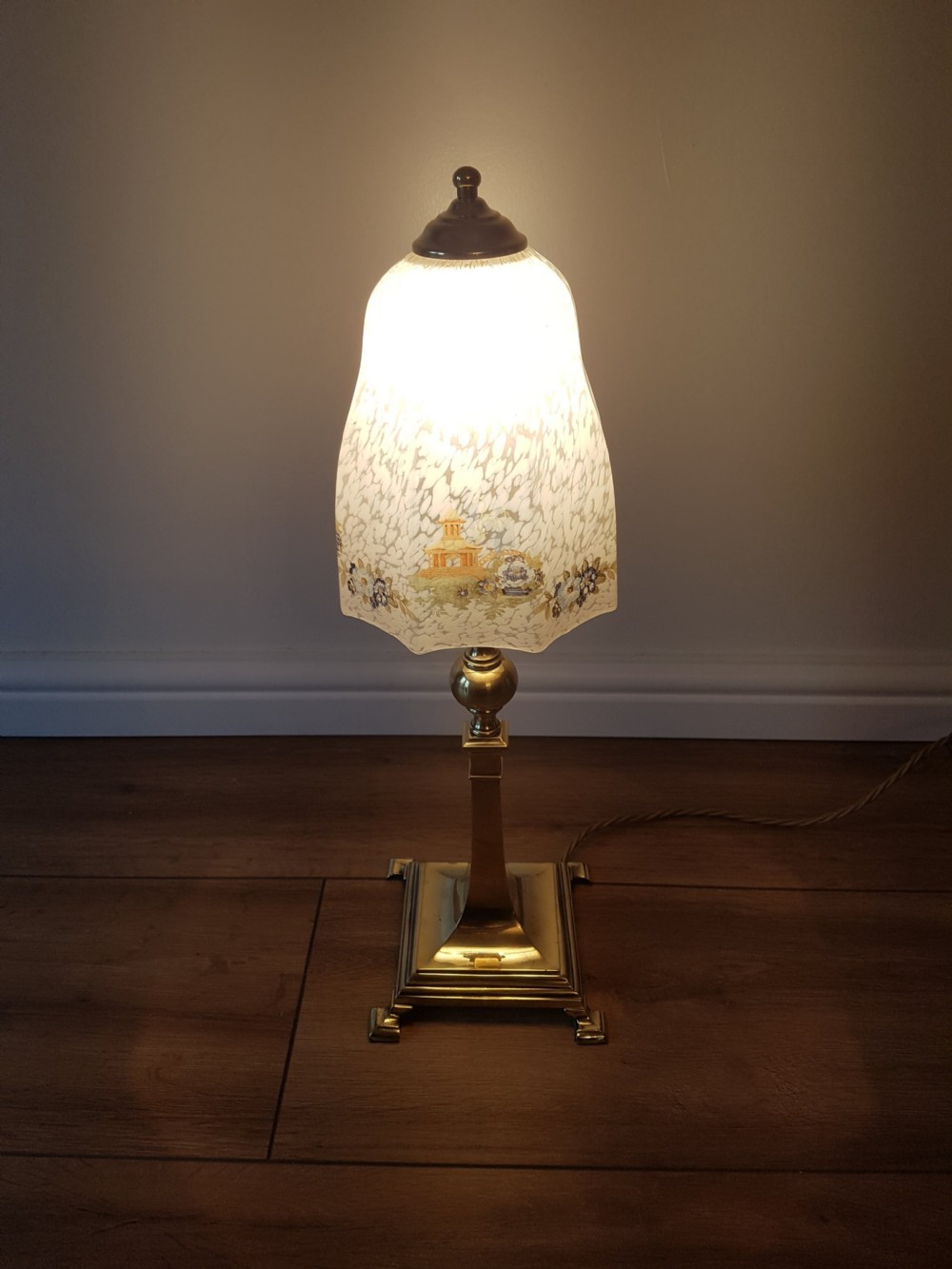 c1920 Classical Brass Base Table Lamp with Decorated Chinese Ceramic Shade; PAT Tested View III