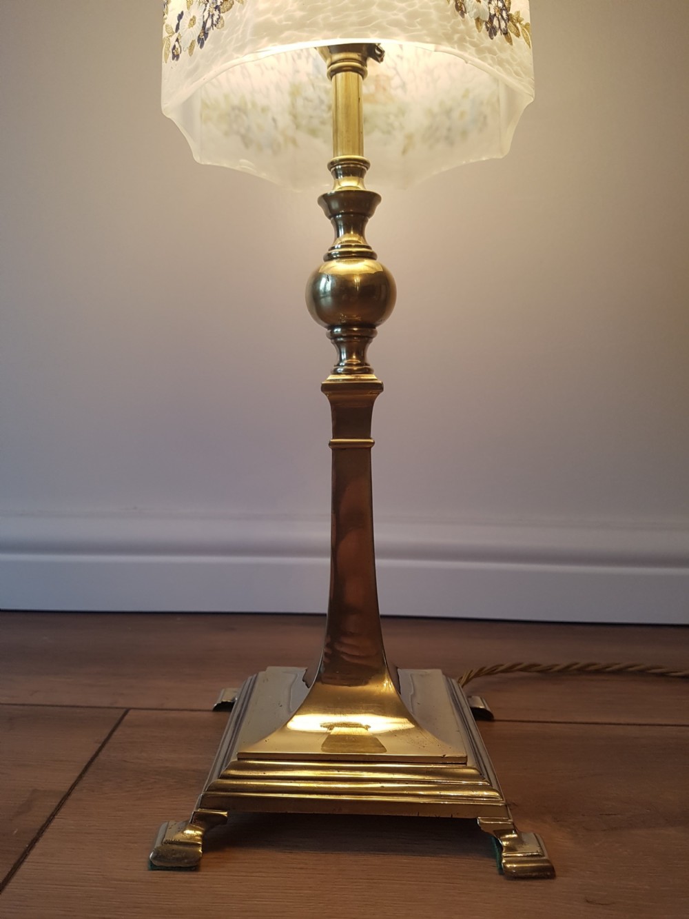 c1920 Classical Brass Base Table Lamp with Decorated Chinese Ceramic Shade; PAT Tested View IV