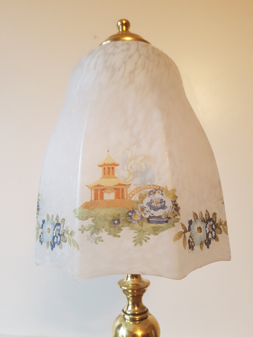 c1920 Classical Brass Base Table Lamp with Decorated Chinese Ceramic Shade; PAT Tested View V