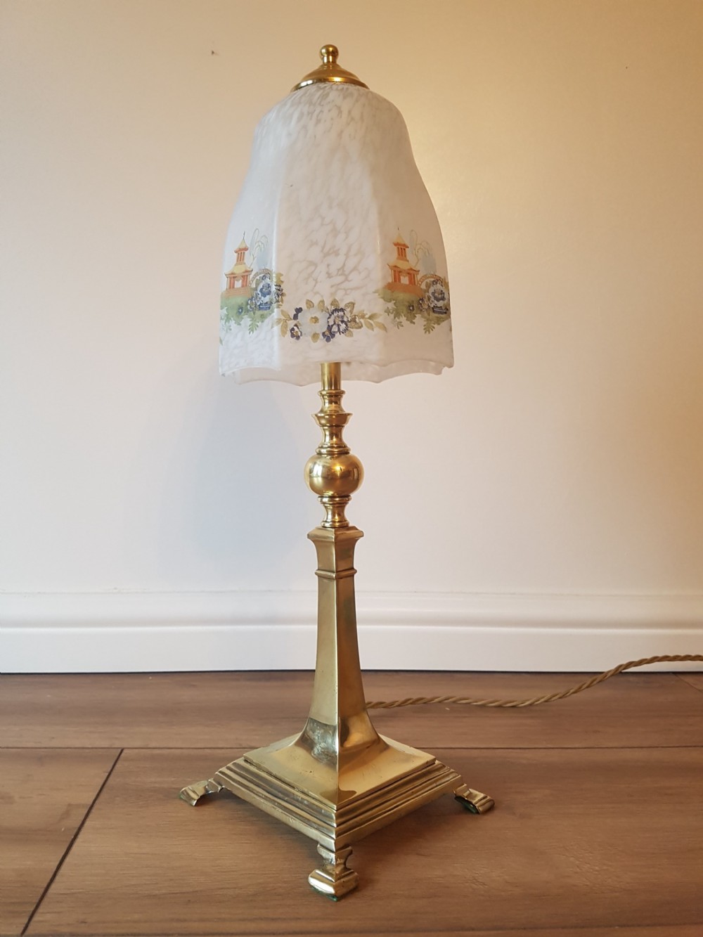 c1920 Classical Brass Base Table Lamp with Decorated Chinese Ceramic Shade; PAT Tested View VII