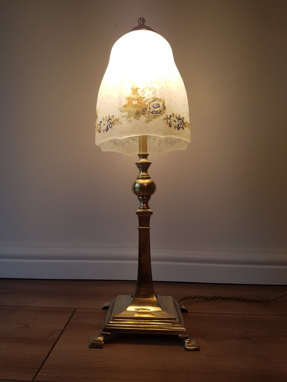 c1920 Classical Brass Base Table Lamp with Decorated Chinese Ceramic Shade; PAT Tested View VIII