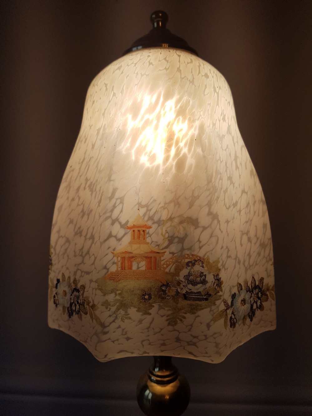 c1920 Classical Brass Base Table Lamp with Decorated Chinese Ceramic Shade; PAT Tested View IX