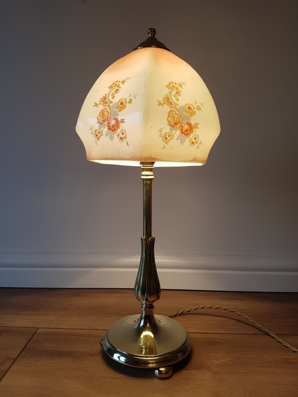 C1920 Brass Table Lamp with Floral Ceramic Shade; PAT Tested
