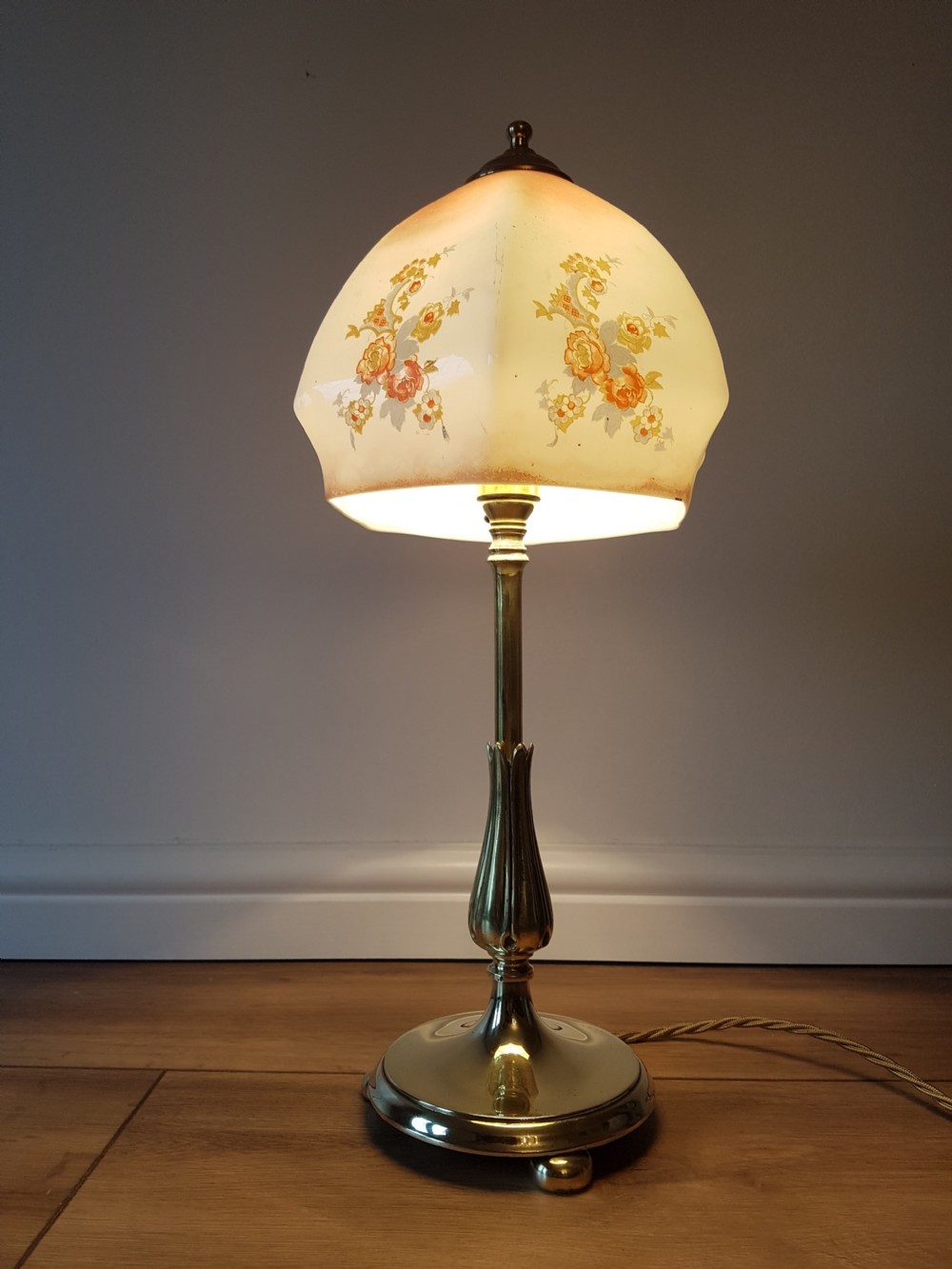 C1920 Brass Table Lamp with Floral Ceramic Shade; PAT Tested View II