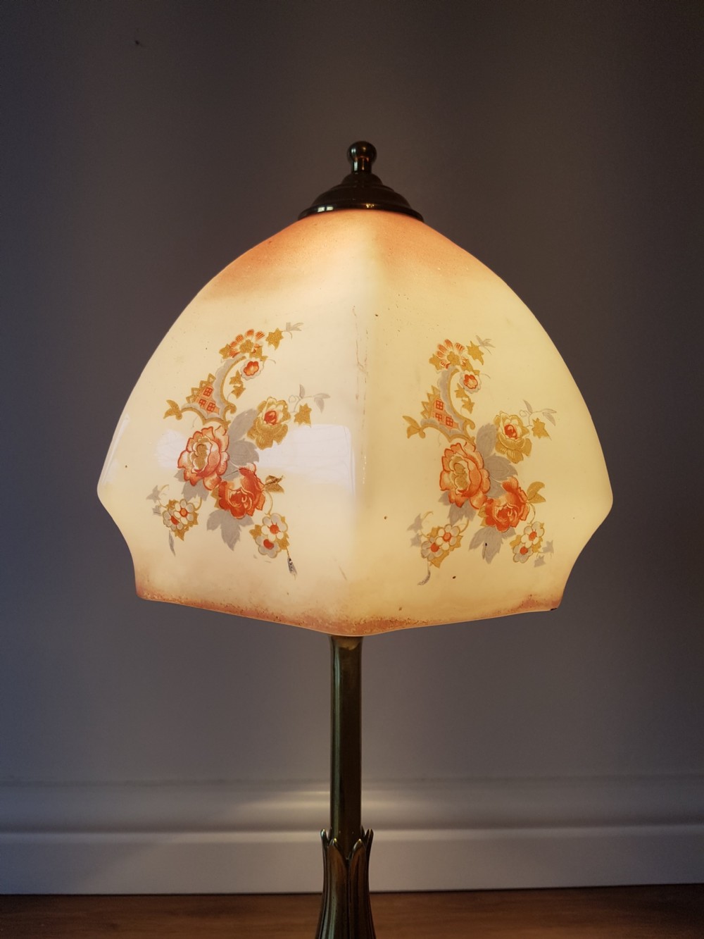 C1920 Brass Table Lamp with Floral Ceramic Shade; PAT Tested View III