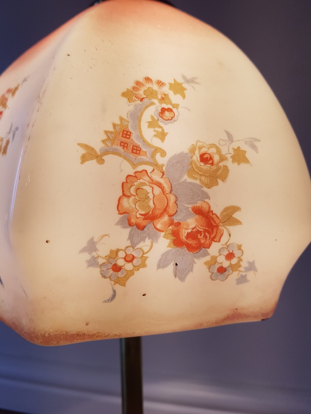 C1920 Brass Table Lamp with Floral Ceramic Shade; PAT Tested View IV