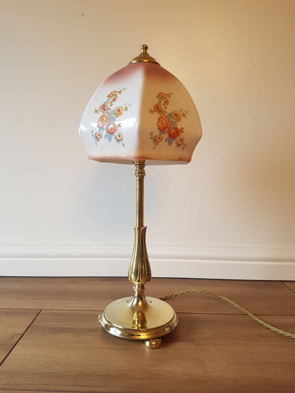C1920 Brass Table Lamp with Floral Ceramic Shade; PAT Tested View V