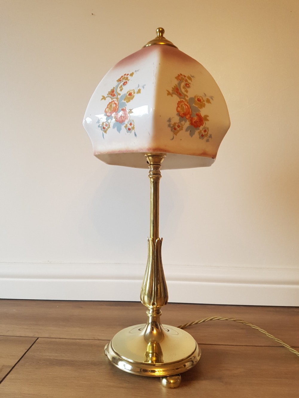 C1920 Brass Table Lamp with Floral Ceramic Shade; PAT Tested View VIII