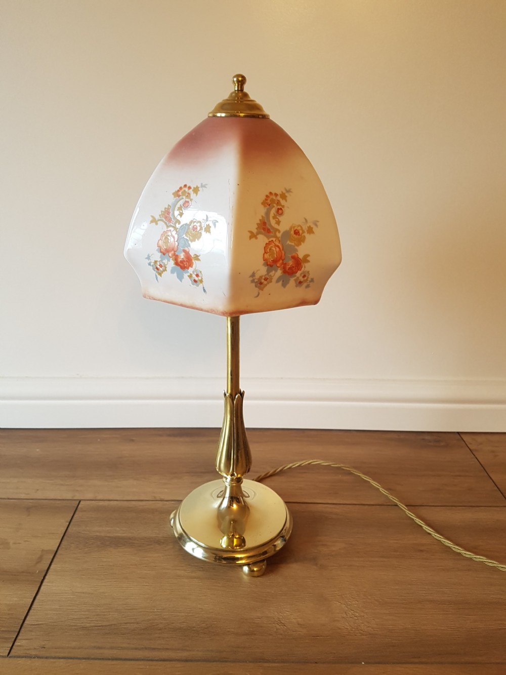 C1920 Brass Table Lamp with Floral Ceramic Shade; PAT Tested View IX