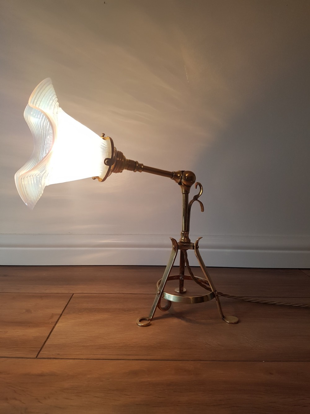 C1900 ADJUSTABLE PULLMAN DESK WALL LAMP; REWIRED. MILK VASELINE SHADE. PAT TESTED View III