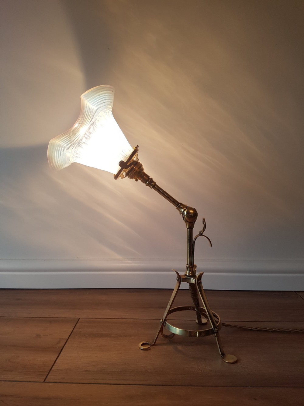 C1900 ADJUSTABLE PULLMAN DESK WALL LAMP; REWIRED. MILK VASELINE SHADE. PAT TESTED View V
