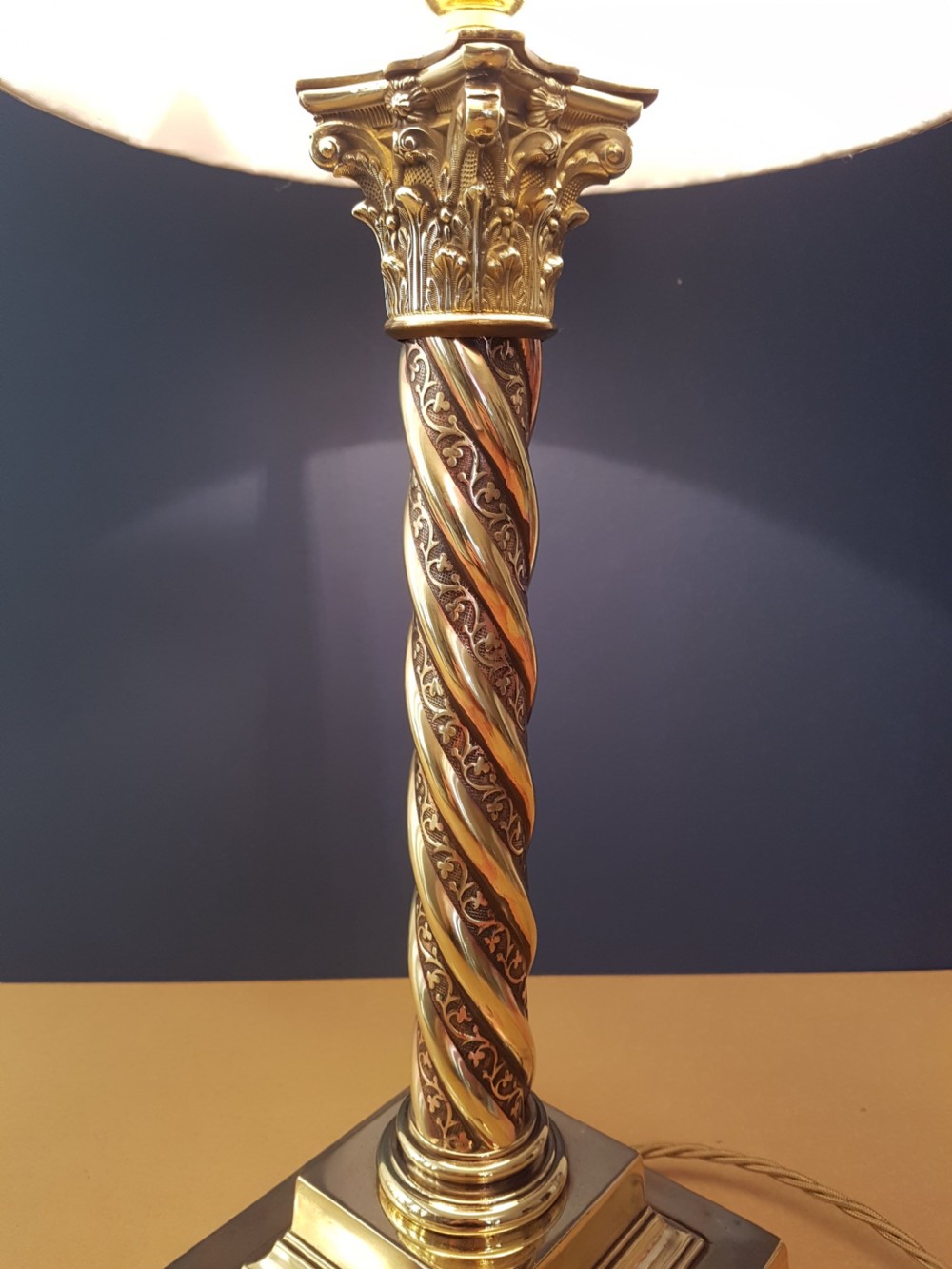 c1910 Decorated Brass Corinthian Column Table Lamp with Champagne Twist Pleat Shade   View II