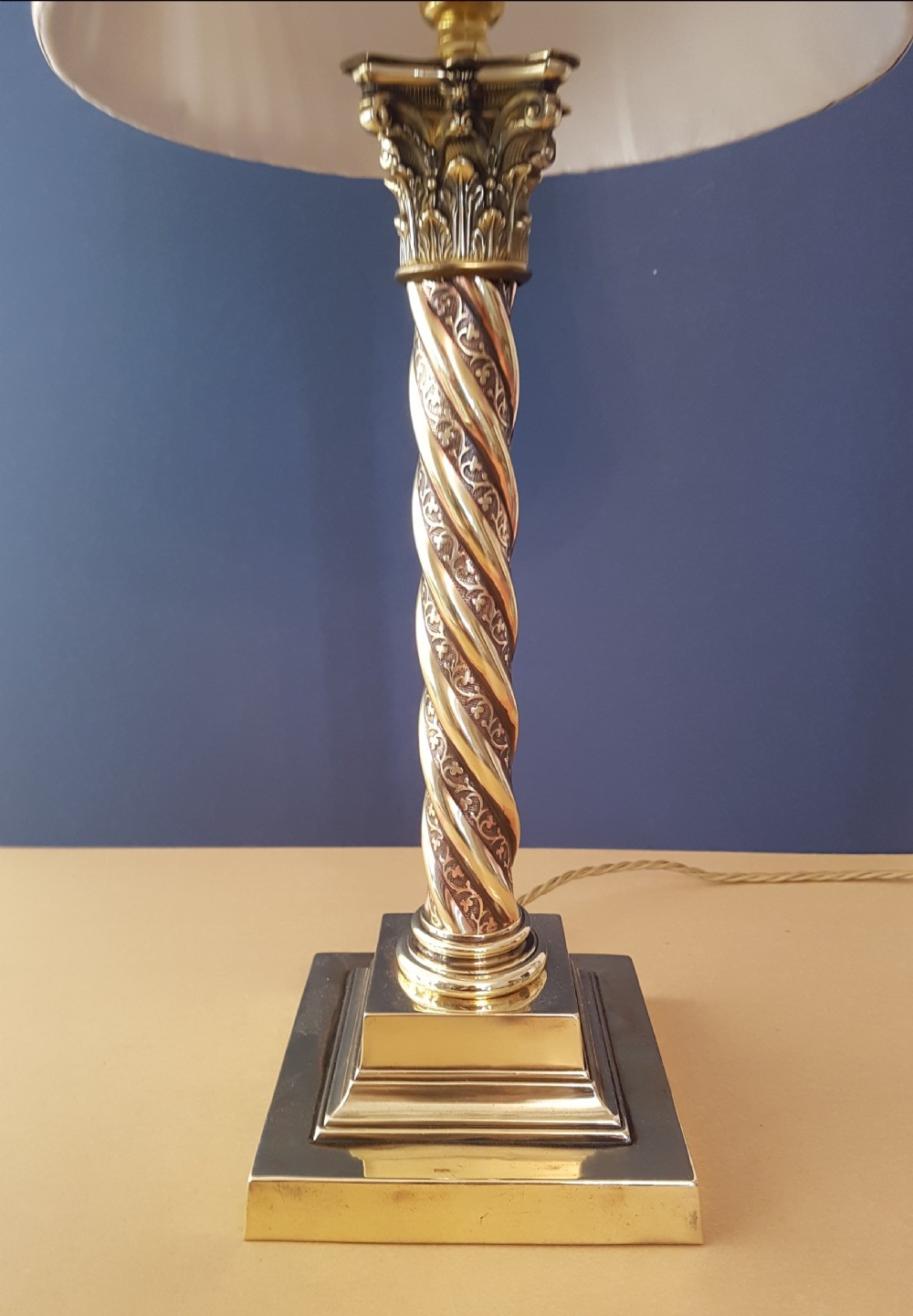 c1910 Decorated Brass Corinthian Column Table Lamp with Champagne Twist Pleat Shade   View VI