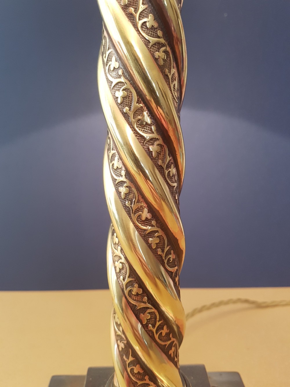 c1910 Decorated Brass Corinthian Column Table Lamp with Champagne Twist Pleat Shade   View VII
