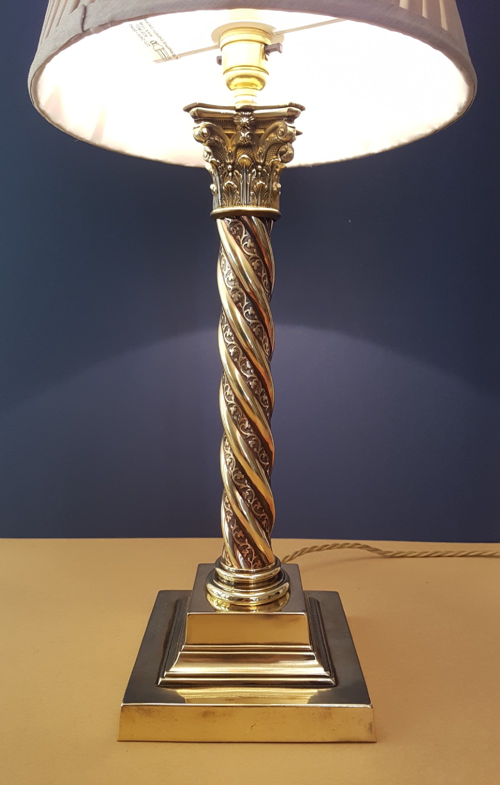 c1910 Decorated Brass Corinthian Column Table Lamp with Champagne Twist Pleat Shade   View VIII