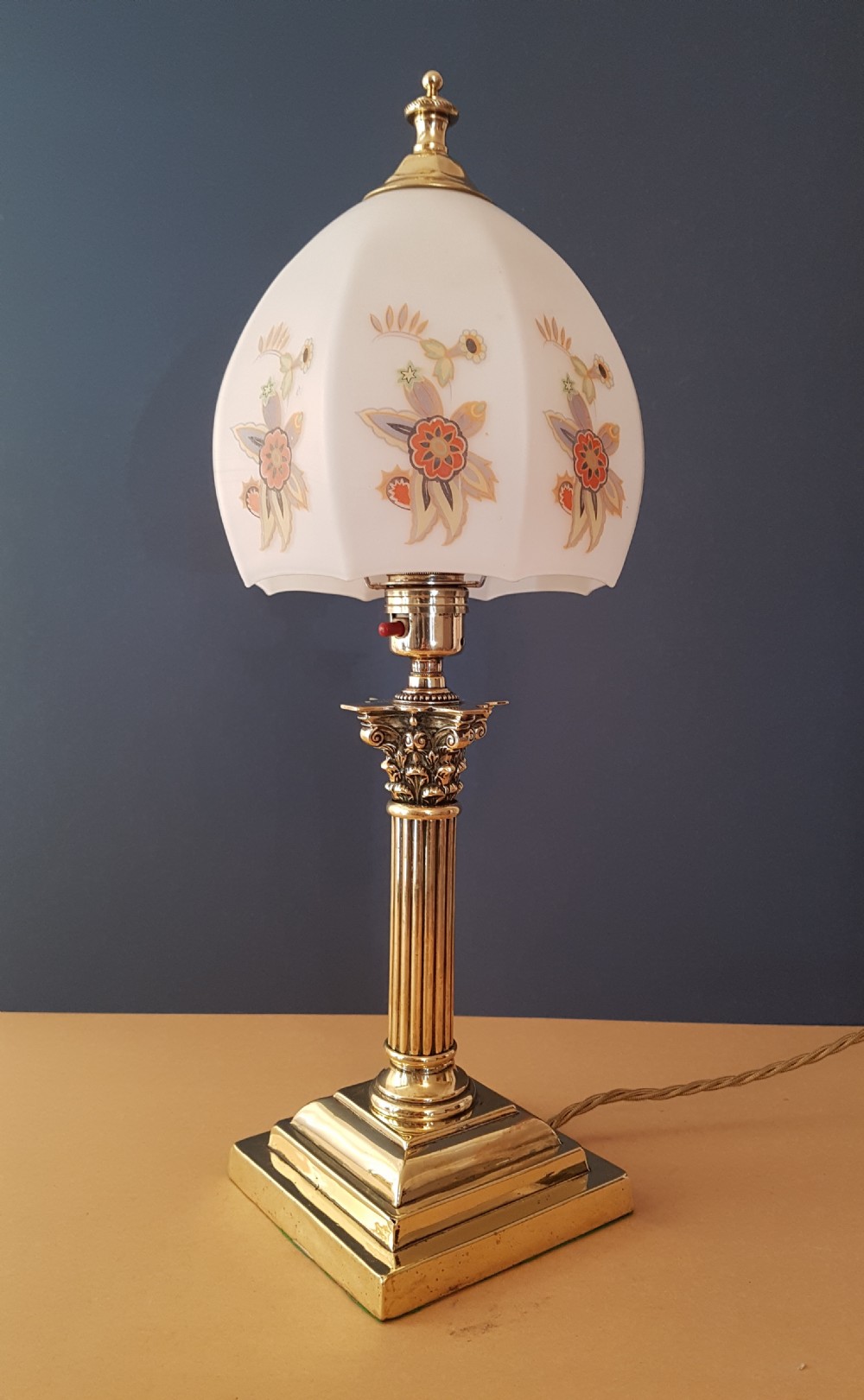 c1910 Brass Corinthian Column Table Lamp with Flower Ceramic Shade 