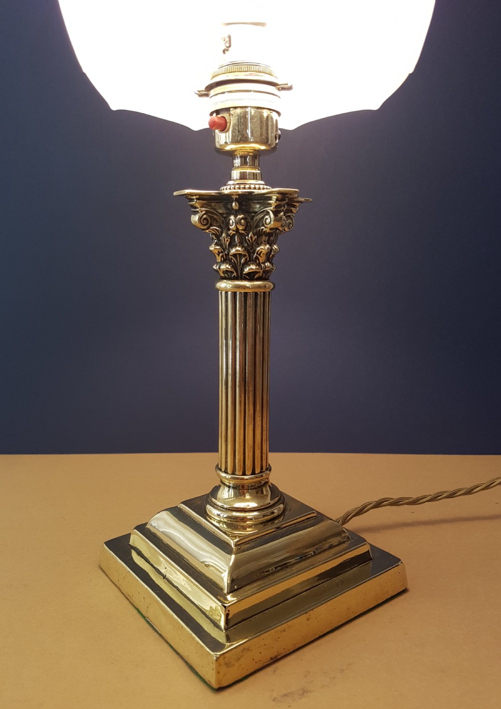 c1910 Brass Corinthian Column Table Lamp with Flower Ceramic Shade  View II