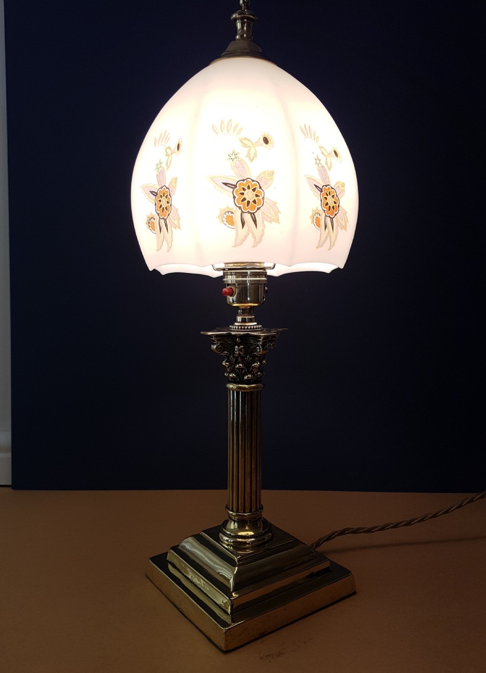 c1910 Brass Corinthian Column Table Lamp with Flower Ceramic Shade  View III
