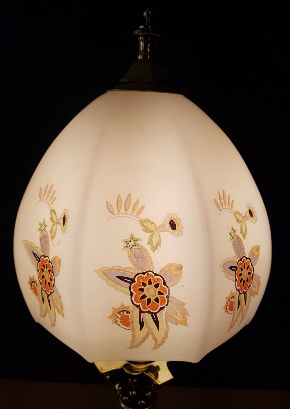 c1910 Brass Corinthian Column Table Lamp with Flower Ceramic Shade  View IV