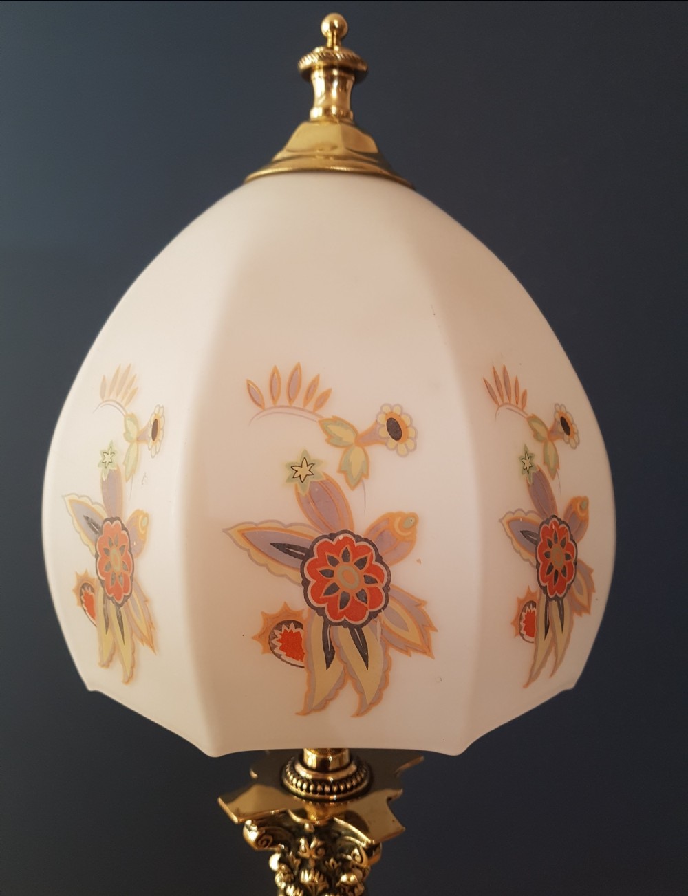 c1910 Brass Corinthian Column Table Lamp with Flower Ceramic Shade  View VII
