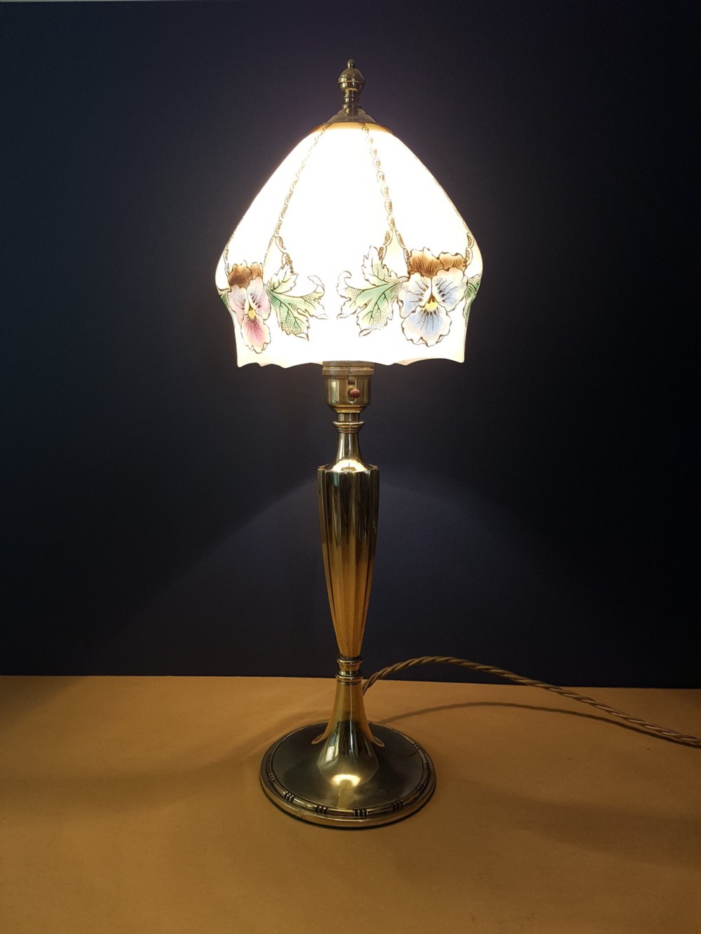 c1910 Cast Brass Elegant Table Lamp with Floral Ceramic Shade