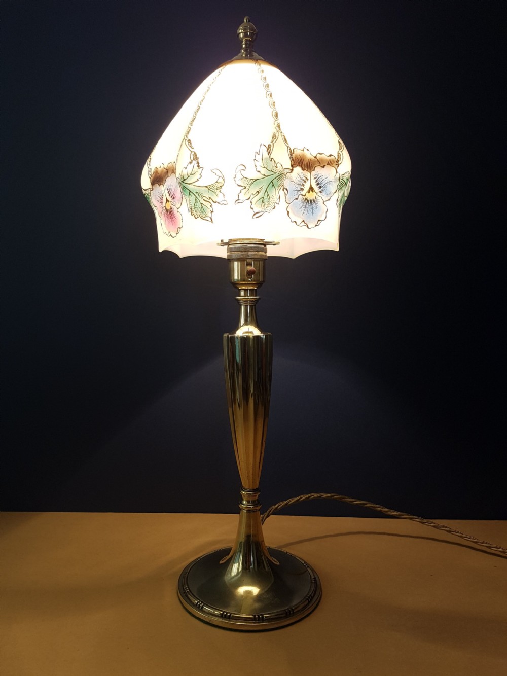 c1910 Cast Brass Elegant Table Lamp with Floral Ceramic Shade View III