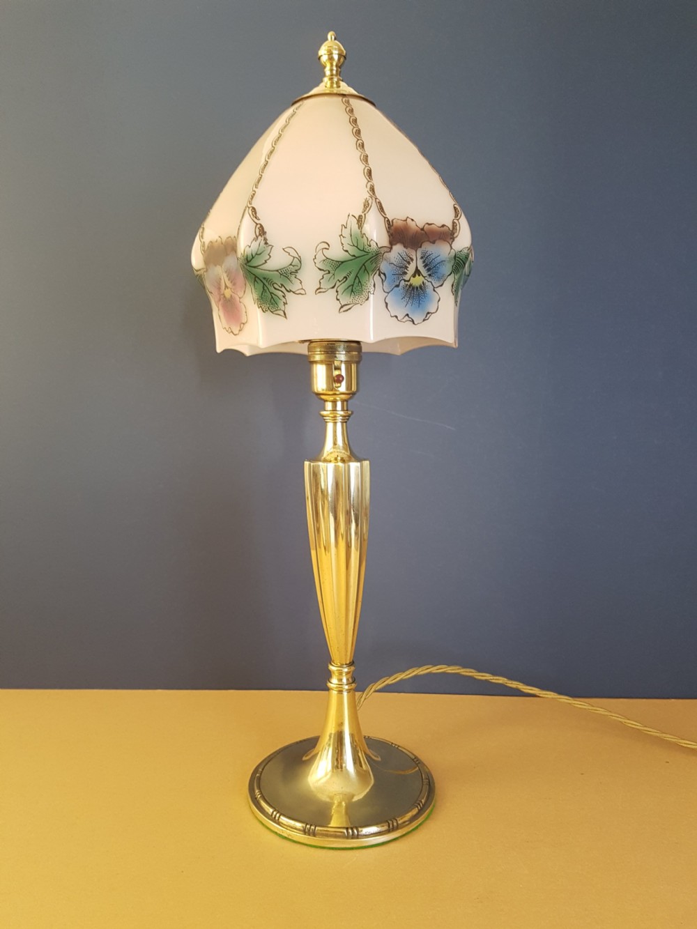 c1910 Cast Brass Elegant Table Lamp with Floral Ceramic Shade View IV