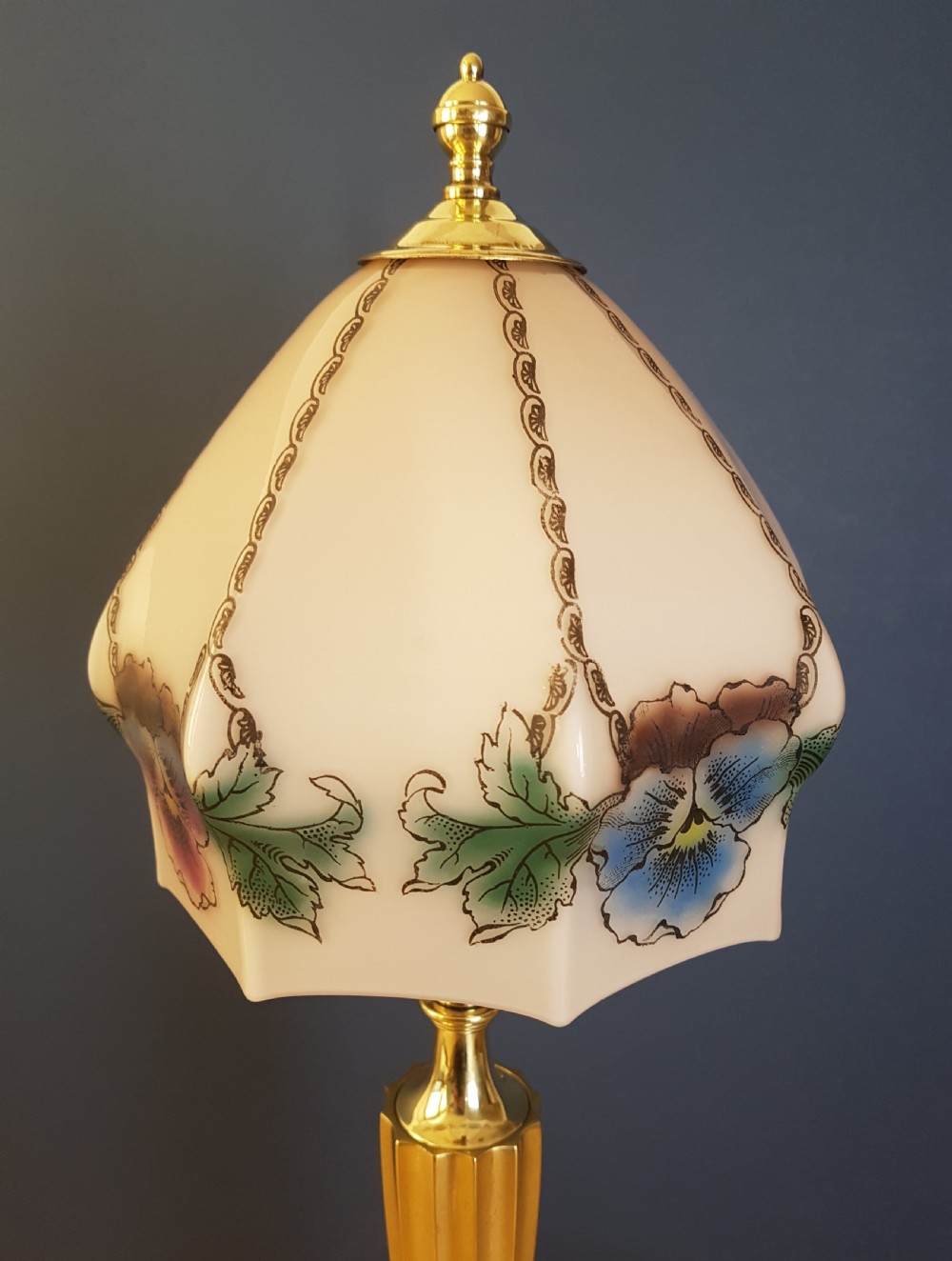 c1910 Cast Brass Elegant Table Lamp with Floral Ceramic Shade View V