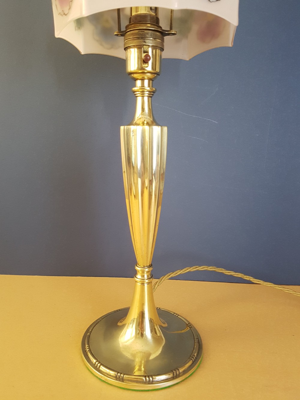 c1910 Cast Brass Elegant Table Lamp with Floral Ceramic Shade View VI